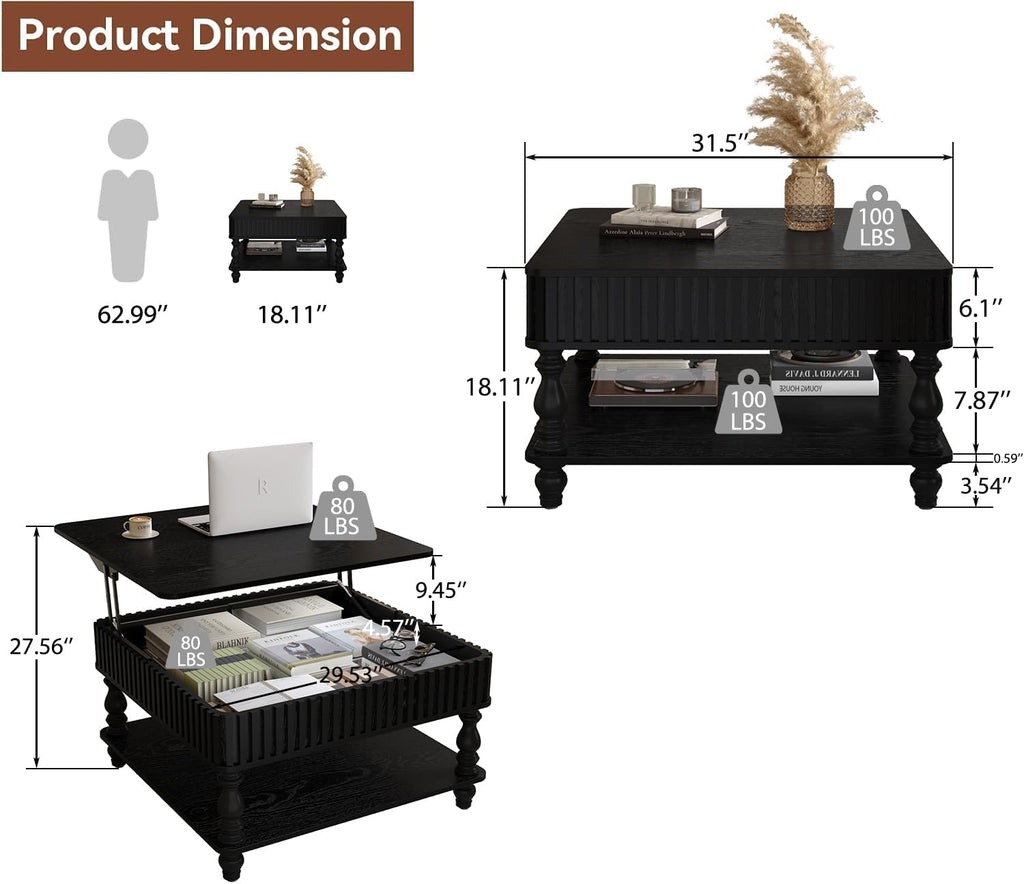 HARR Lift Top Square Coffee Table with Storage, 31.5'' Sofa Side End Table, Fluted Design Hydraulic Raising Mechanism, Hidden Compartment & Open Shelf, Retro Solid Wood Legs for Living Room, Black