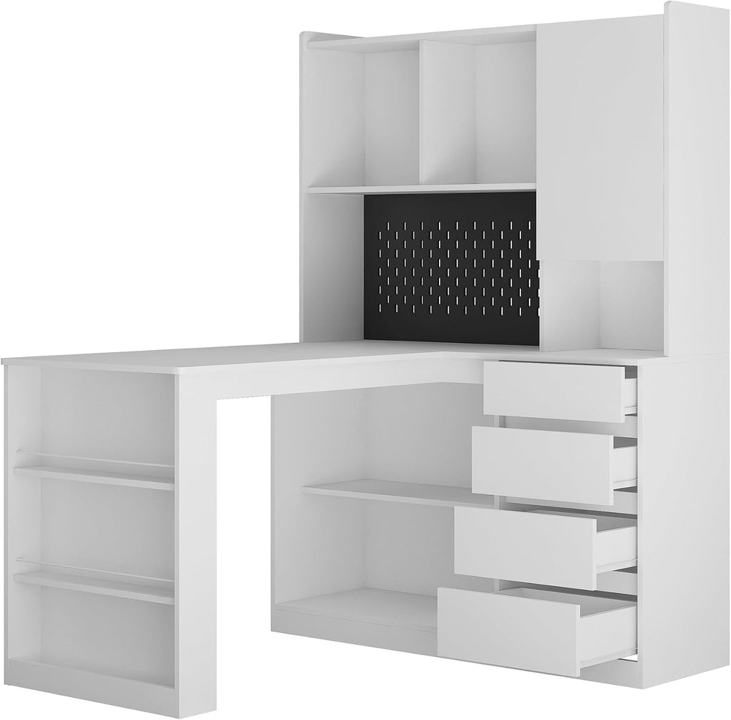 White L-Shaped Home Office Desk with Hutch & Drawers, Modern Corner Desk with LED Light & Bookshelf, Wood Study Writing Table Gaming Computer Desk for Bedroom, Home