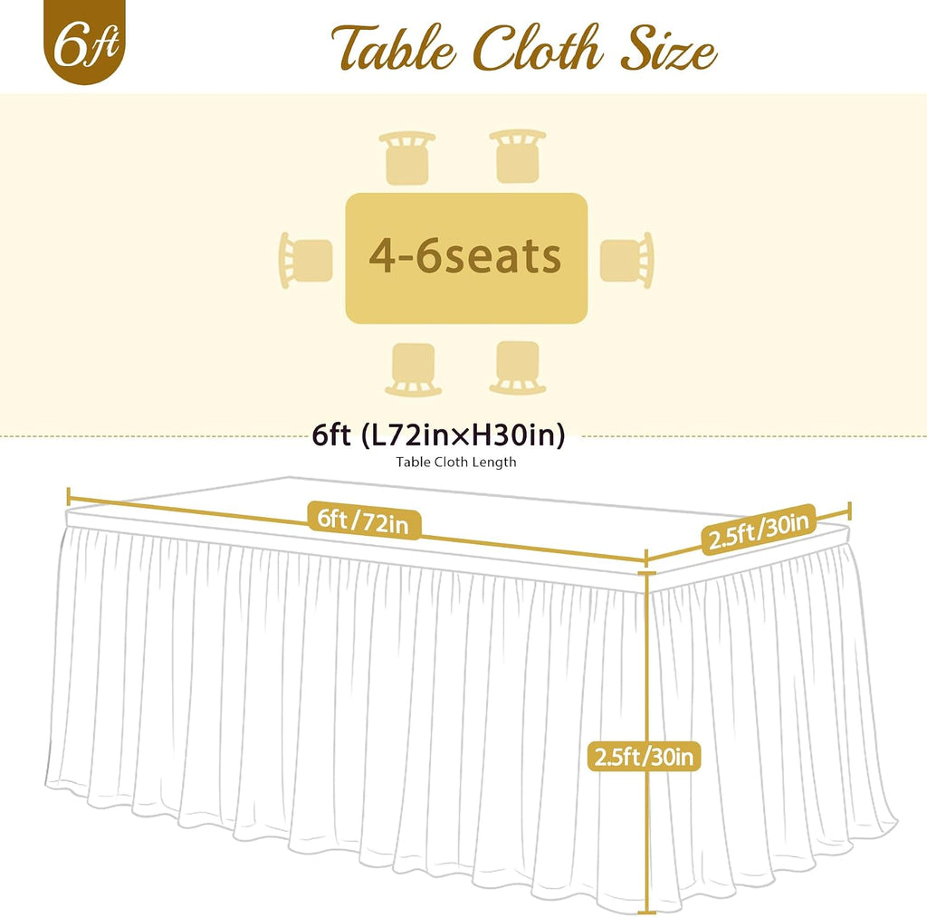 Ivory Fitted Tablecloth Rectangle 6 Foot Stretch Elastic Tulle Ruffle Tablecloths Rectangular Spandex Table Covers 6ft Birthday Baby Shower Party Wedding Table Cloths with Skirt 6Pack
