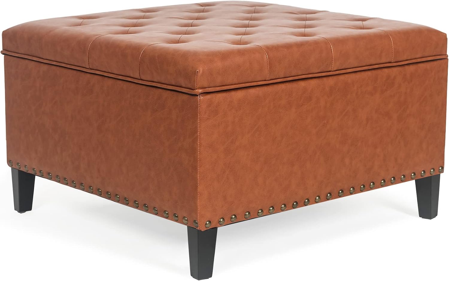 Homebeez Faux Leather Storage Ottoman Bench, Square Coffee Table Footstool Footrest with Wood Legs for Living Room (Cognac Brown)