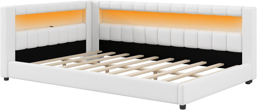 Upholstered Full XL Size Daybed with LED and USB Ports, L-Shaped Corner Day Bed with Storage Shelves Headboard,Space Saving for Girls Adults Kids Boys, White