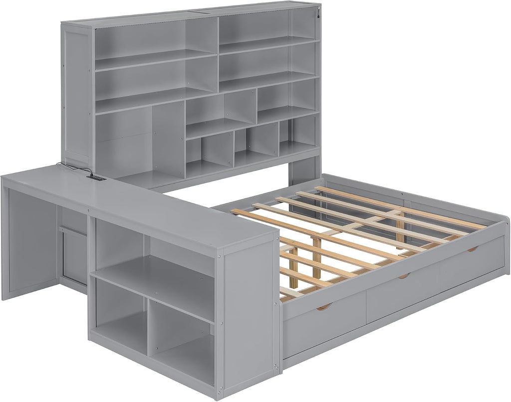 LUMISOL Full Size Corner Daybed with Storage Drawers, Built-in Desk with USB Ports & Shelves, Wooden Sofa Bed with LED Bookcase for Bedroom Living Room, Grey
