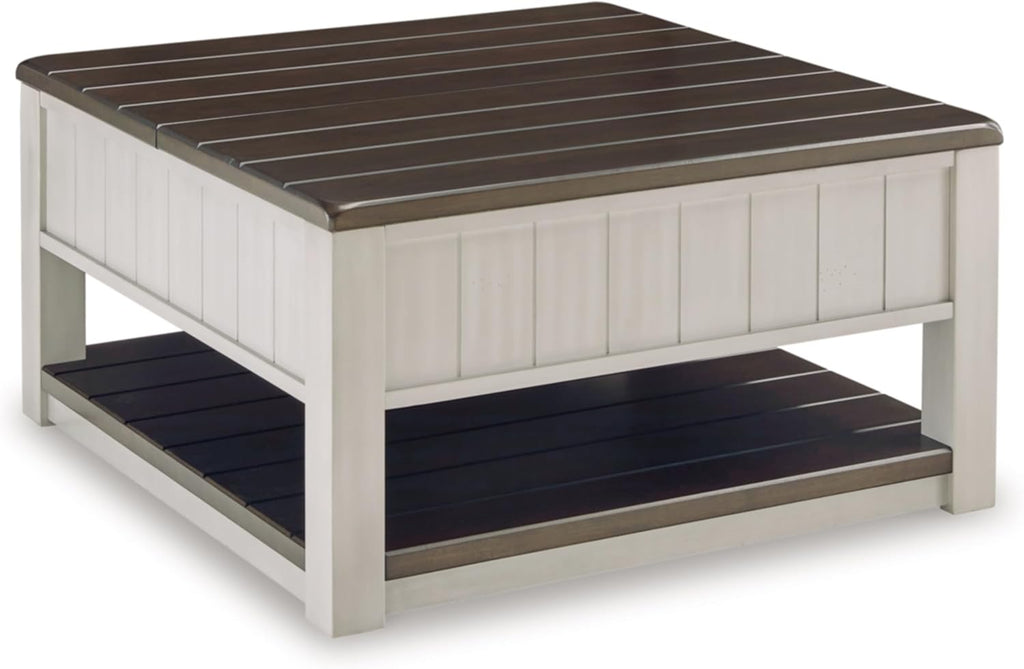 Signature Design by Ashley Darborn Farmhouse Lift-Top Coffee Table with Drawers, Lower Shelf and Casters, Light Gray & Dark Brown