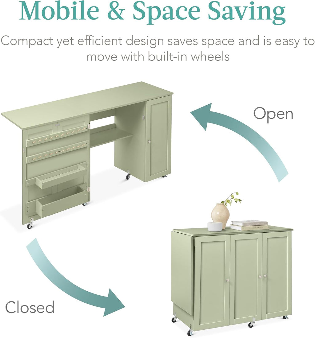 Best Choice Products Large Folding Sewing Table, Multipurpose Portable Craft Station & Side Desk w/Compact Design, Caster Wheels, Storage Shelves, 2 Storage Trays, Magnetic Doors - Light Green