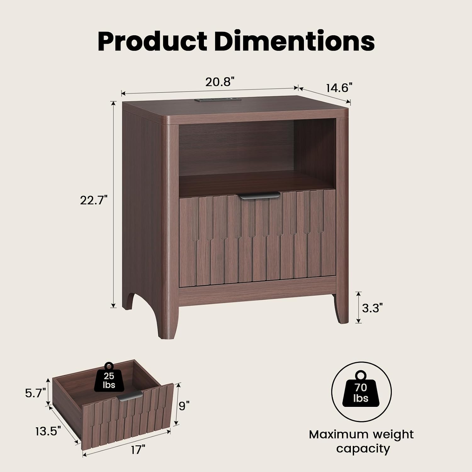 Fluted Nightstand Set of 2 with Charging Station, Modern Bedside Table with Storage Drawer, Open Shelf & Curved Corner, Night Stand End Side Table for Bedroom, Walnut