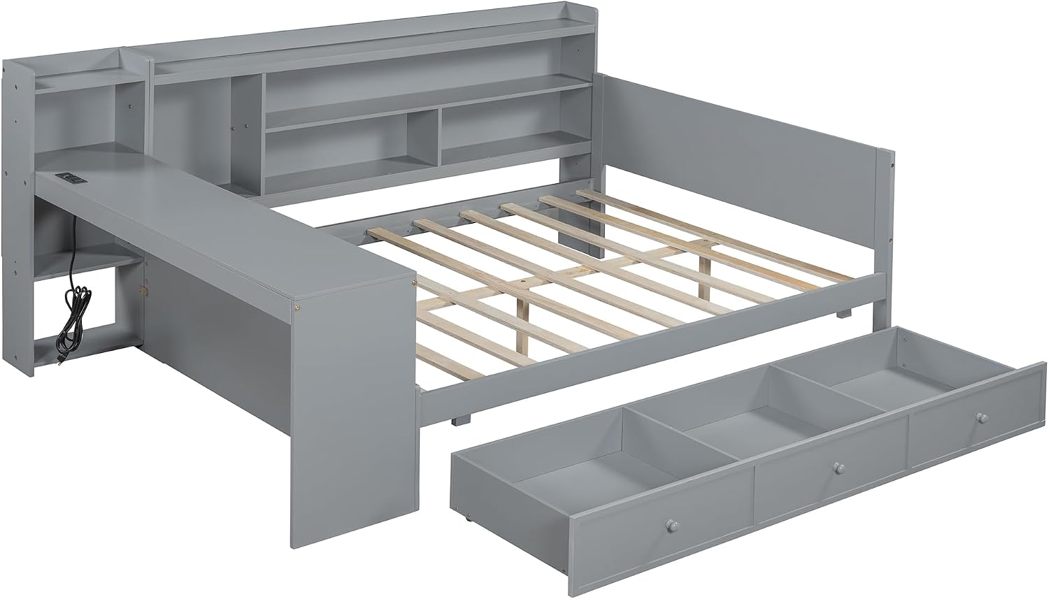 Harper & Bright Designs Full Size Daybed Frame with Desk and 3 Storage Drawers & USB Port Shelves Headboard, Pinewood Corner Bed, Full Captain Bed for Small Room, Bedroom, Guest Room,Gray
