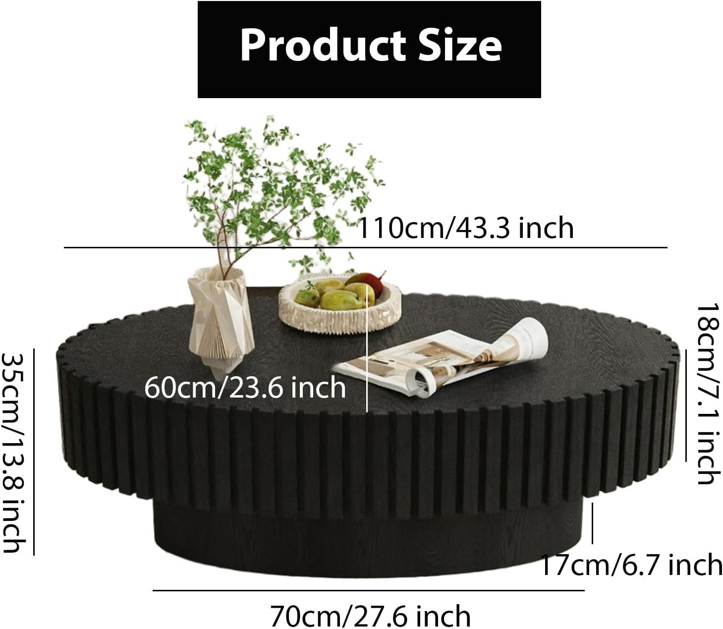 Oval Fluted Coffee Table Mid Century Modern Coffee Tables with Handcrafted Relief Ellipse Drum End Table Rustic Industrial Center Tables for Apartment Living Room (Black Oval)