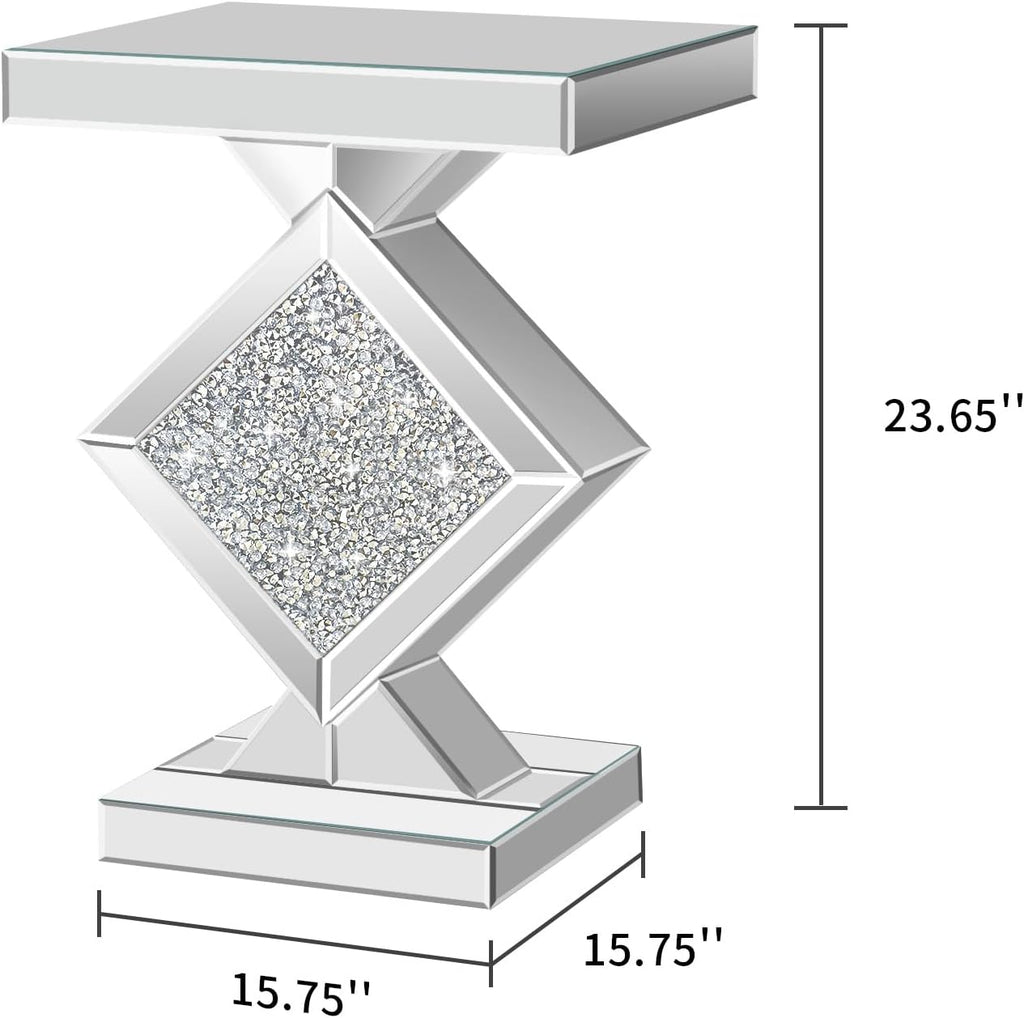 Crushed Diamond Mirrored End Table, Silver Side Accent Table, Small Mirrored Coffee Table for Living Room, Bedroom, 16'x16'x24'