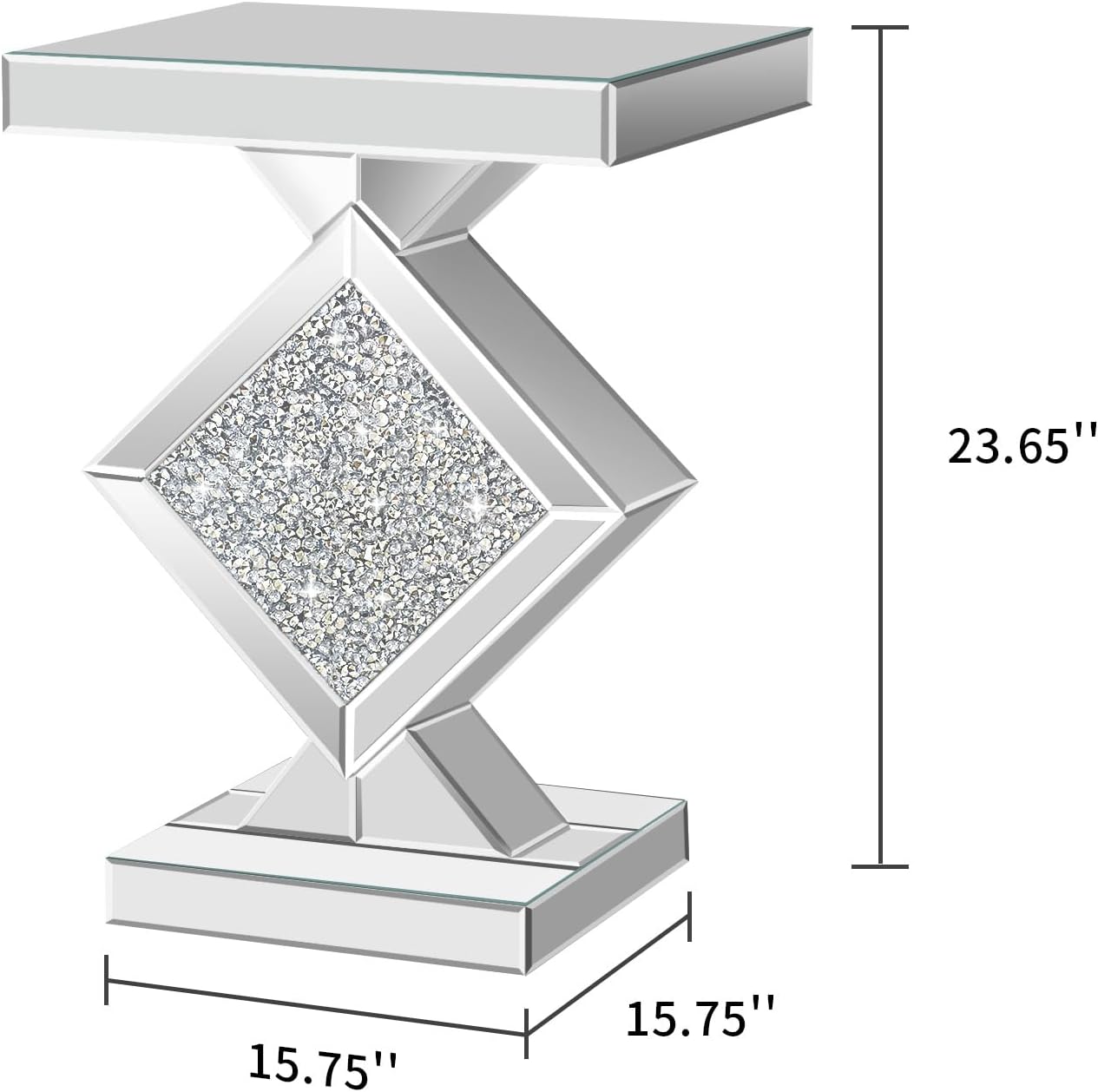 Crushed Diamond Mirrored End Table, Silver Side Accent Table, Small Mirrored Coffee Table for Living Room, Bedroom, 16'x16'x24'