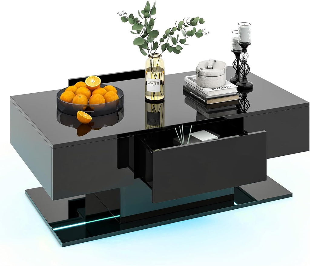 Tangkula LED Coffee Table with 2 Drawers, High Glossy Modern Center Table, 20-Color Dimmable LED Lights & Remote Control, 2-Tier Rectangle Coffee Table for Living Room (with Drawer, Black)