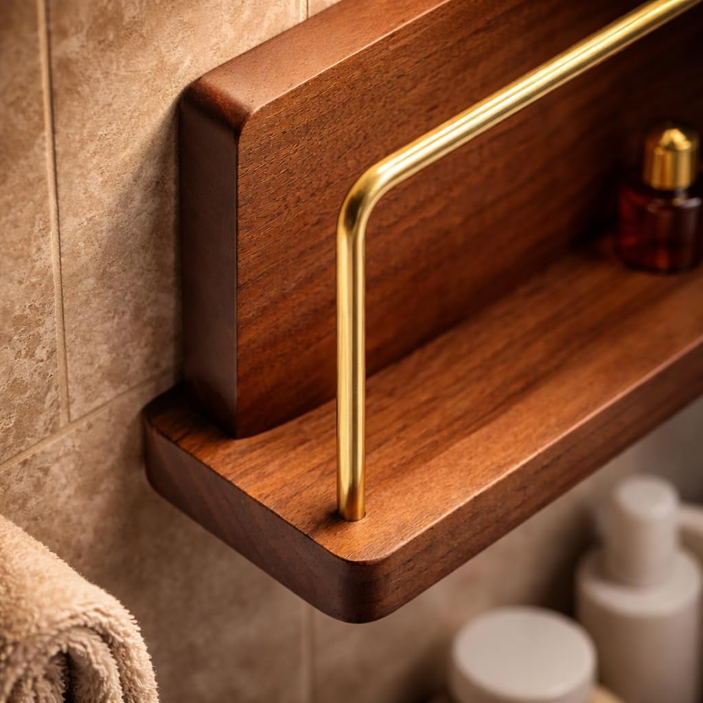 HOMORA Solid Wood Bathroom Shelf with Gold Towel Bar – Wall Mounted Toiletry Organizer, Walnut-Style Wall Shelf for Bathroom & Kitchen Storage, Wooden Shelf with Brass Rail