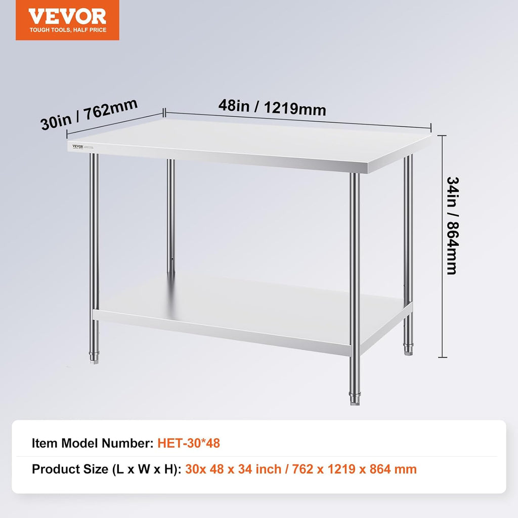 VEVOR Stainless Steel Prep Table, 30 x 48 x 34 Inch, 880 lbs Load Capacity, Heavy Duty Metal Worktable with 3 Adjustable Height Levels, Commercial Workstation for Kitchen Garage Restaurant Backyard