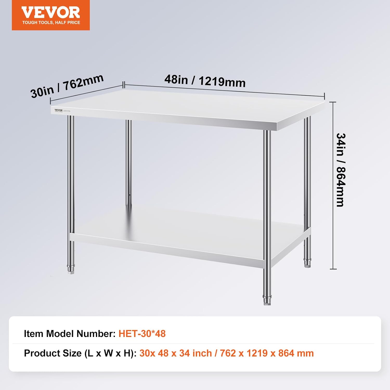 VEVOR Stainless Steel Prep Table, 30 x 48 x 34 Inch, 880 lbs Load Capacity, Heavy Duty Metal Worktable with 3 Adjustable Height Levels, Commercial Workstation for Kitchen Garage Restaurant Backyard