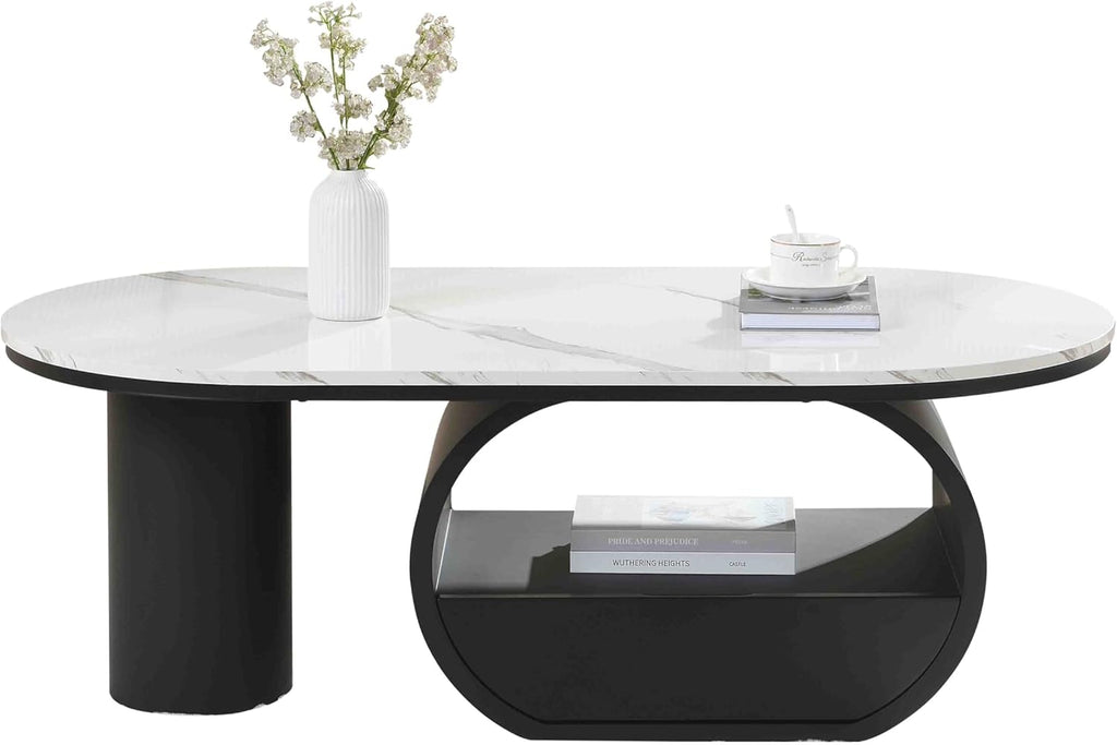 Luxury Faux Marble Oval Coffee Table, 47'' Modern Living Room Table with Storage Drawer, Wooden White MDF Top & Black Metal Base, Large Center Tables for Home Apartment
