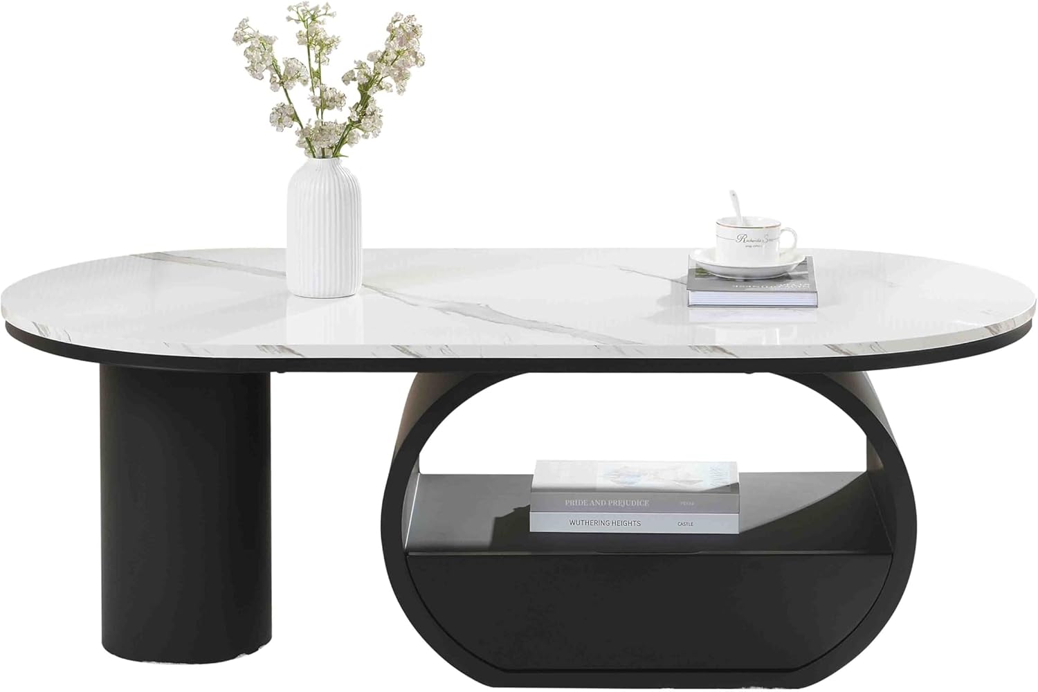 Luxury Faux Marble Oval Coffee Table, 47'' Modern Living Room Table with Storage Drawer, Wooden White MDF Top & Black Metal Base, Large Center Tables for Home Apartment