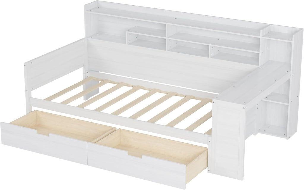 Twin Corner Bed Frame with Storage Shelves, L Shaped Bed with 2 Storage Drawers, Wooden Daybed with Study Desk, Corner Bed Frame Twin for Bedroom, for Kids and Teens, Antique White