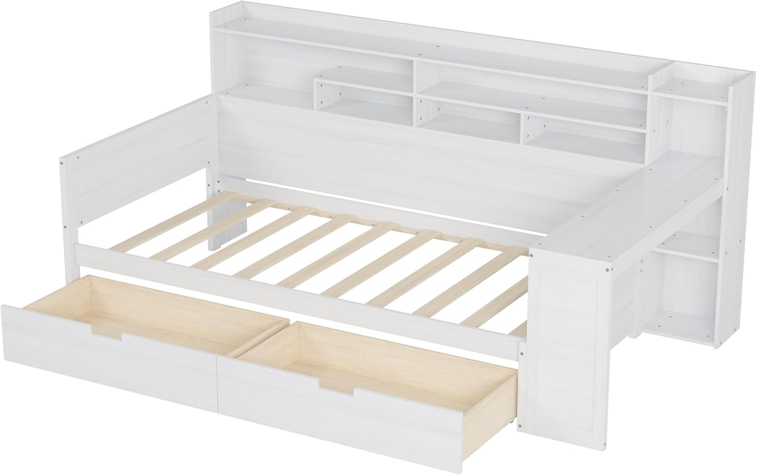 Twin Corner Bed Frame with Storage Shelves, L Shaped Bed with 2 Storage Drawers, Wooden Daybed with Study Desk, Corner Bed Frame Twin for Bedroom, for Kids and Teens, Antique White