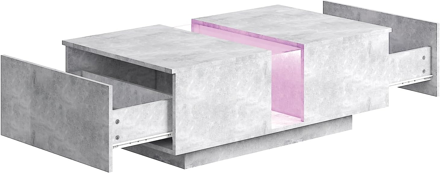 HedoAjim Grey Led Coffee Table for Living Room, Rectangular Living Room Table with Storage, Acrylic Coffee Tables with 2 Sliding Drawers, Wood Center Table for Reception Dinning Room