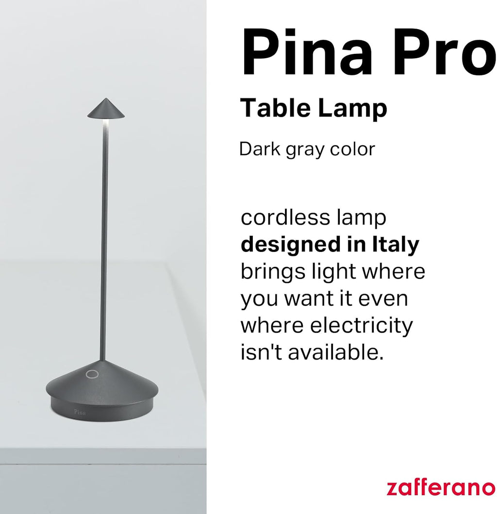 Zafferano, Pina Pro Lamp, Rechargeable Cordless Table Lamp with Touch Controls, Suitable for Indoor and Outdoor, Dimmer, 2200-3000 K, Height 11.4 Inches, Dark Gray Color