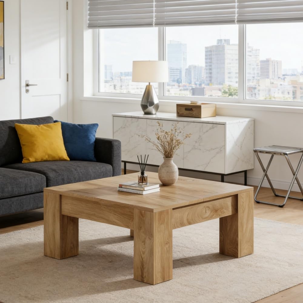 39.4' Square Coffee Table, Farmhouse Coffee Table with Sturdy Base, Mid-Century Modern MDF Accent Center Tea Tables for Living Room Apartment, Easy Assembly
