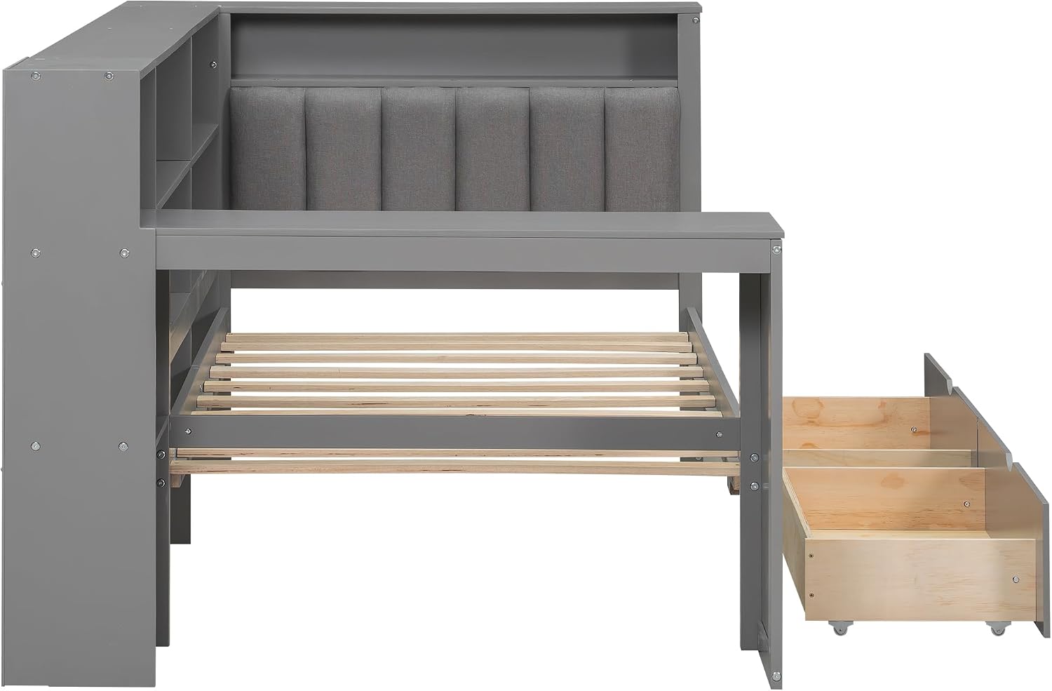 Wood Twin Size Daybed with Storage Shelves and Desk, L-Shaped Corner Platform Bed Frame with Upholstered Headboard and 2 Drawers for Office Living Room Bedroom, Space-saving (Grey-7.16, Twin)