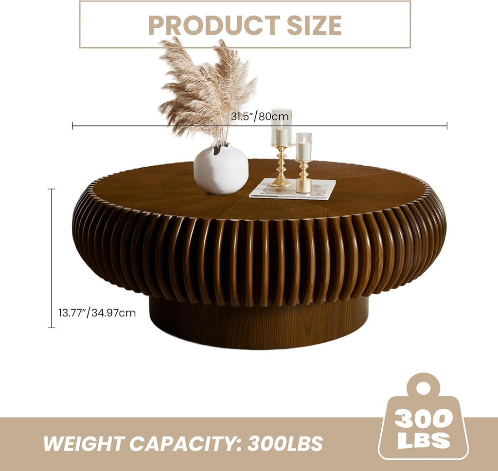 Fluted Drum Coffee Table Round Coffee Table for Living Room Mid Century Modern Coffee Tables with Sturdy Pedestal Circle Center Tea Table Accent Tea Table for Small Space Apartment (31.5' Walnut)