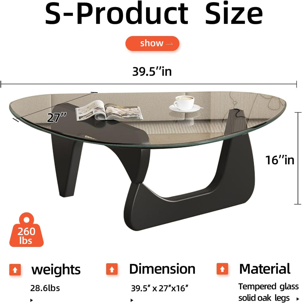 Mid Century Modern Glass Coffee Table, Coffee Table for Living Room, Noguchi Coffee Tables,Suitable for Bedroom Living Room Reception Office Tables (Black/Transparent, ML)
