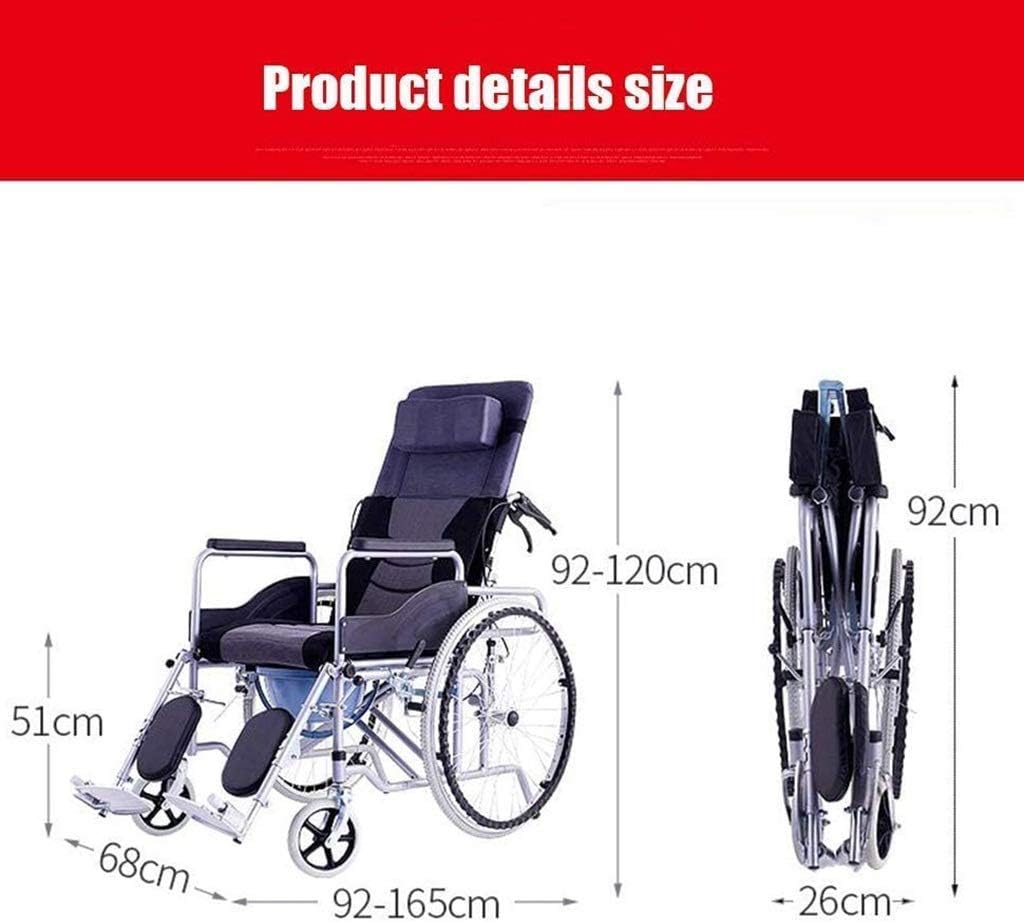 Wheelchair High Backrest Fold Self-Propelled, Portable with Toilet No Need for Pneumatic Tires Lying Down Senior/Disabled Trolley Scooter,Portable
