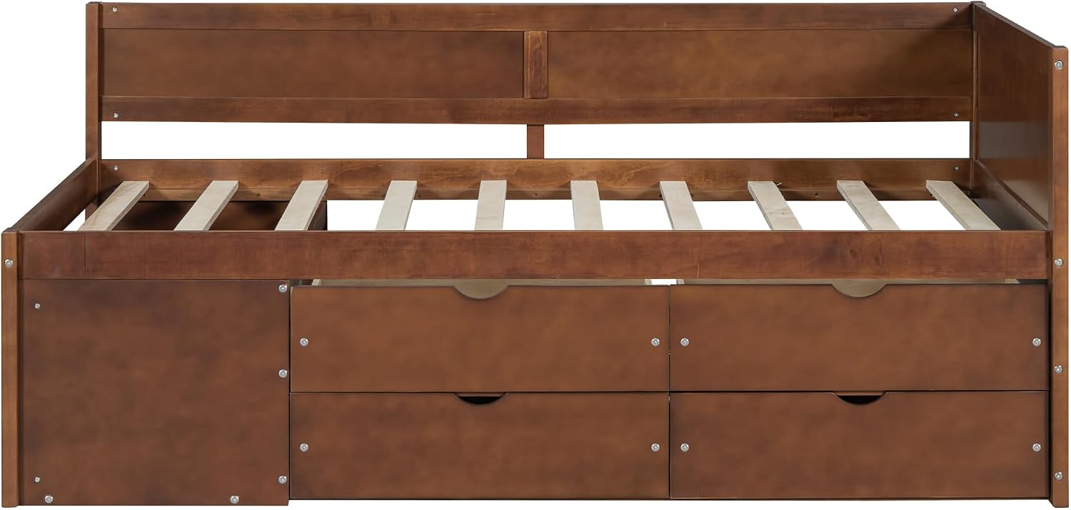 Twin Size Daybed with Storage Drawers and Shelves,Wooden L-Shaped Corner Day Bed with Headboard & Bookcase for Boys,Girls,Small Room, Guest Room, kids'Room,Walnut