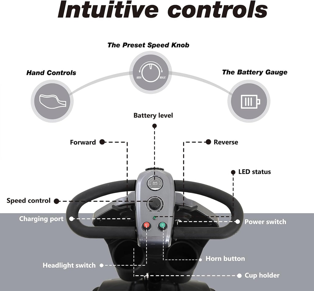 Mobility Scooters for Seniors & Adults 400 Lb Weight All Terrain,Heavy Duty 4-Wheel Powered Scooter,Foldable Mobile Disability Electric Wheelchair,Luxury Seat and Front Rear Led Lights,Black