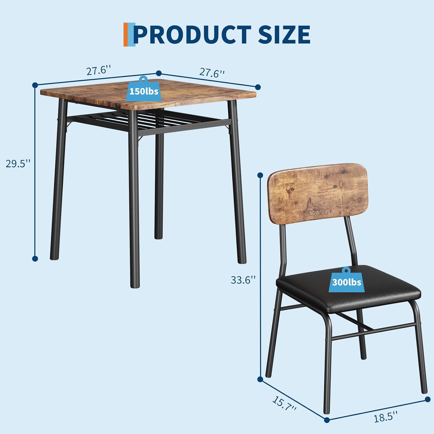GarveeHome Dining Table for 2 with Storage Rack, Small Kitchen Table for 2 with Metal Frame, Square Table with Upholstered Chairs Set of 2, 3-Piece Dining Room Set for Small Space, Apartment, Brown