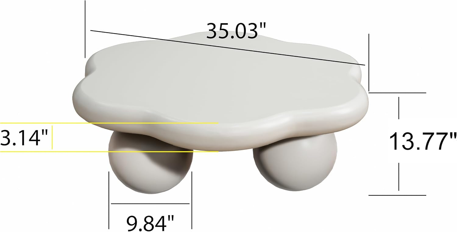 35.03' Cloud Coffee Table for Living Room Unique Coffee Table Modern Low Coffee Tables Cute Center Table with 3 Ball Legs for Small Space Apartment Cream Flower-White
