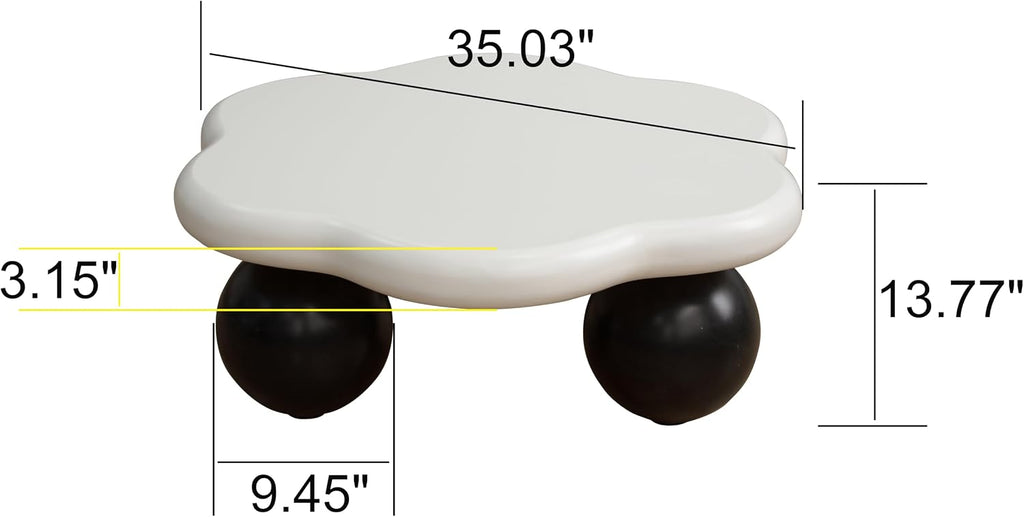 35.03' Cloud Coffee Table for Living Room Unique Coffee Table Modern Low Coffee Tables Cute Center Table with 3 Ball Legs for Small Space Apartment Cream Flower-White & Black