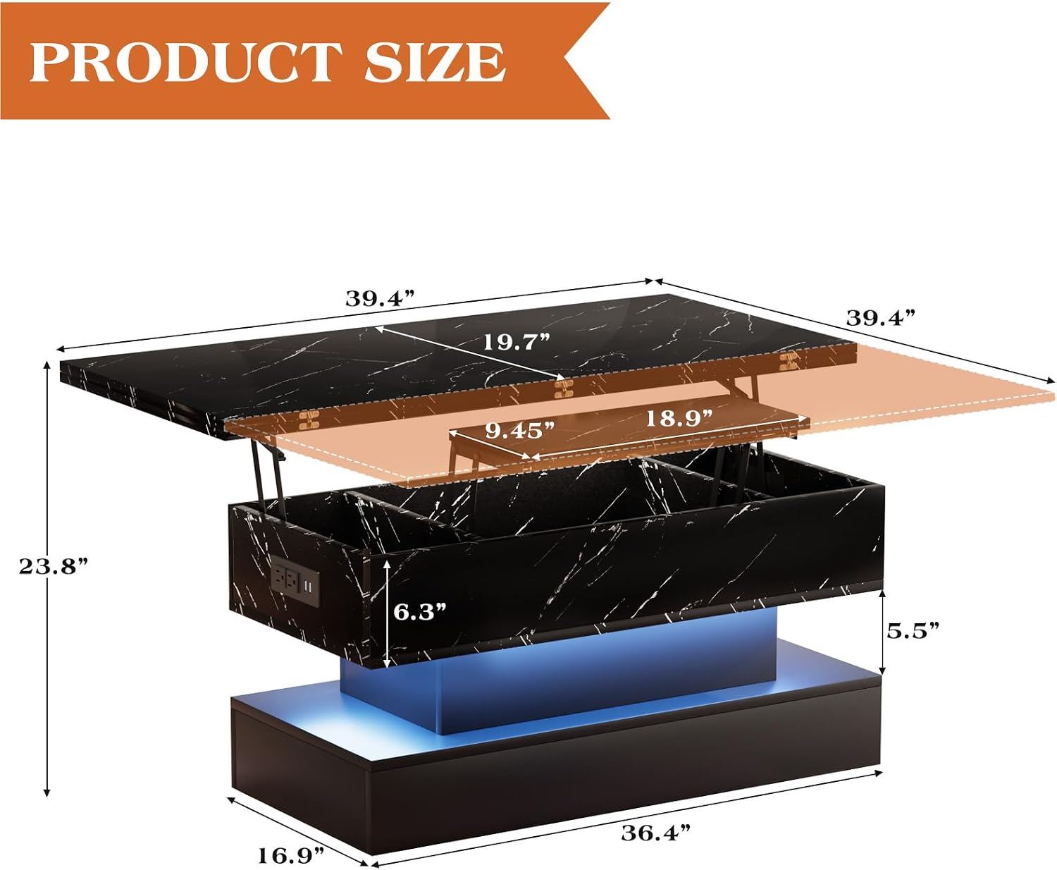 SYESWAY 39.4' Lift Top Coffee Table with Charging Station, 4-in-1 Multifunctional Coffee Table with Storage & Hidden Compartments, High-Glossy Marbling Print LED Center Table for Living Room, Black