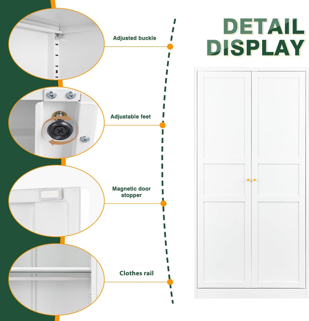 Letaya Wardrobe Armoire Closet,72' H Metal Storage Cabinet with Adjustable Shelves and Hanging Rod,Bedroom Armoire Cabinet Clothes Organizer (White)