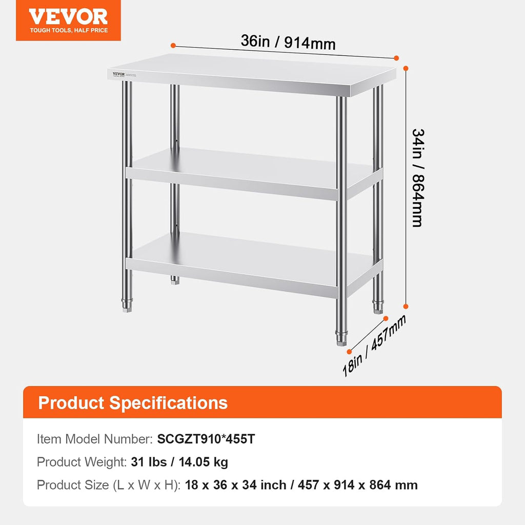 VEVOR Stainless Steel Food Prep Table, 18 x 36 x 34 Inch Commercial Kitchen Worktable, with 2 Adjustable Undershelf, Heavy Duty Prep Metal Work Table for BBQ, Kitchen, Home, and Garage