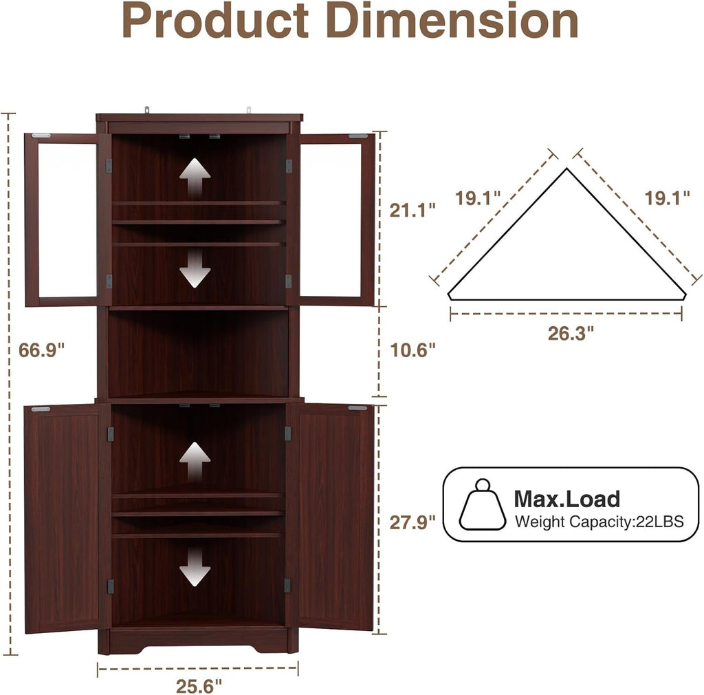 FiveWillowise 67''H Dark Brown Tall Corner Storage Cabinet with 4 Tempered Glass Doors and Barn Doors, Home Space Saver Decoration Farmhouse Cabinet with 2 Adjustable Shelves for Kitchen, Living Room
