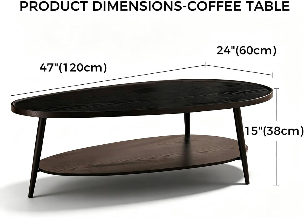 AGV Oval Coffee Table with Storage Shelf 47' Mid Century Modern Coffee Table,Black Wood Finish MDF Top with Black Metal Legs for Living Room,Office or Small Space