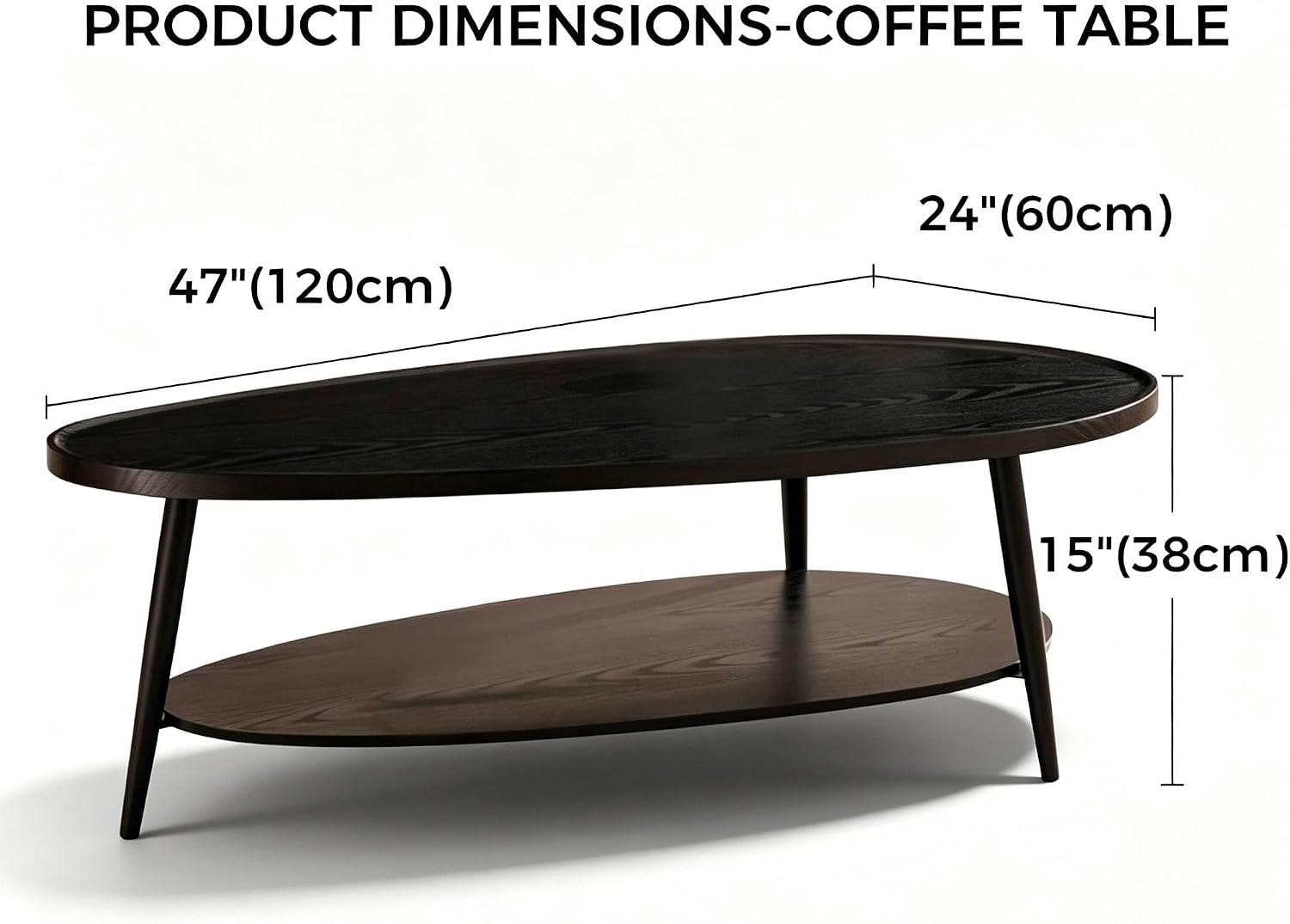 AGV Oval Coffee Table with Storage Shelf 47' Mid Century Modern Coffee Table,Black Wood Finish MDF Top with Black Metal Legs for Living Room,Office or Small Space