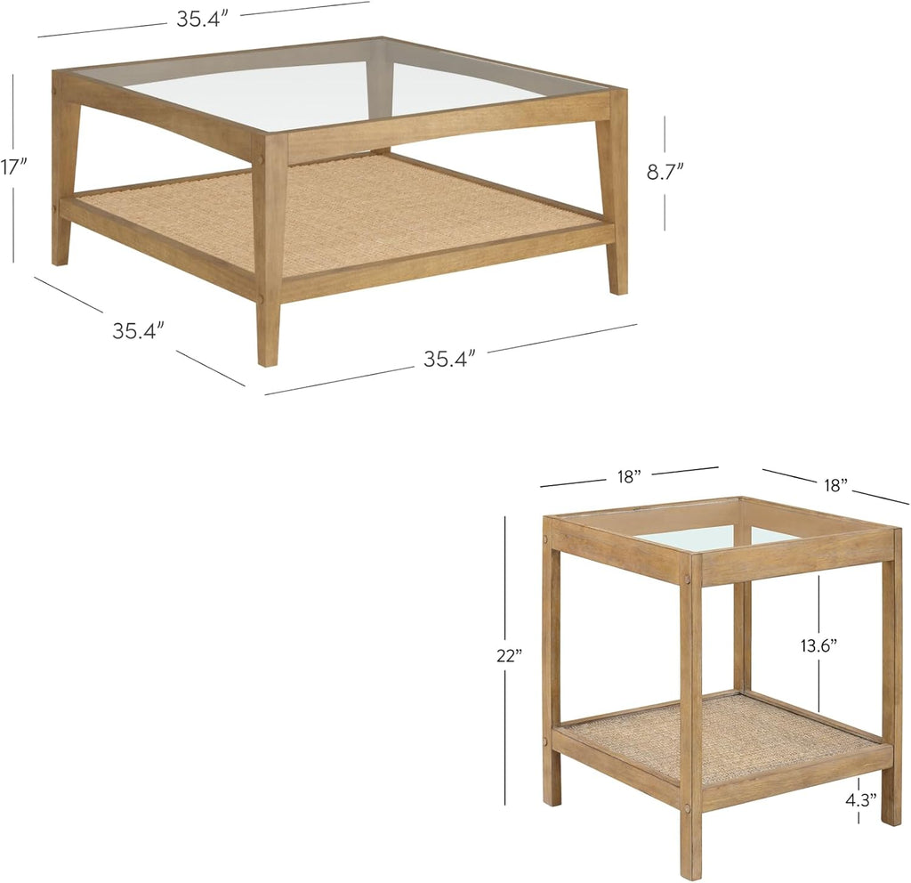 Nathan James Hayes Glass Coffee Table and Side Table Set with Rattan Bottom Shelf, Bohemian 2-Piece Living Room Set
