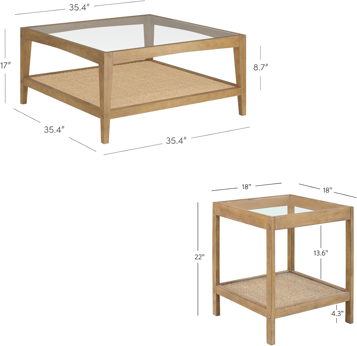 Nathan James Hayes Glass Coffee Table and Side Table Set with Rattan Bottom Shelf, Bohemian 2-Piece Living Room Set