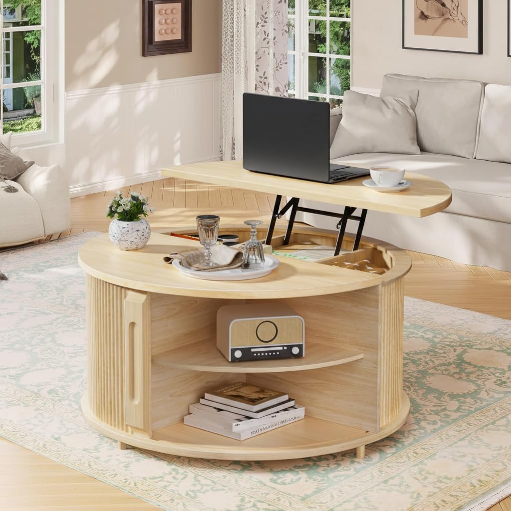 Round Lift Top Coffee Table, 31.5' Fluted Wood Lift Up Center Table with Sliding Door & Hidden Storage – Mid Century Modern Circle Coffee Table for Living Room, Apartmentm, Home Office (Natural)