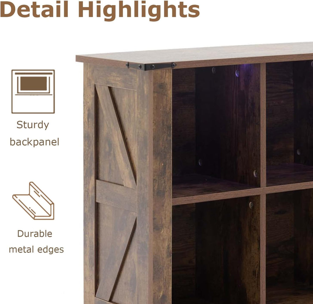 8 Cube Bookcase, Wooden Cube Storage Organizer Shelf, Brown Horizontal Book Shelf with LED Lights, Freestanding Display Cabinet for Living Room, Bedroom, Home Office