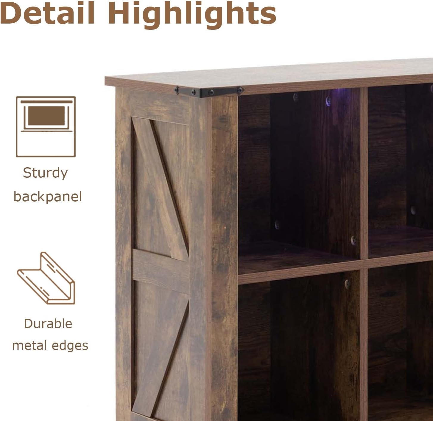 8 Cube Bookcase, Wooden Cube Storage Organizer Shelf, Brown Horizontal Book Shelf with LED Lights, Freestanding Display Cabinet for Living Room, Bedroom, Home Office