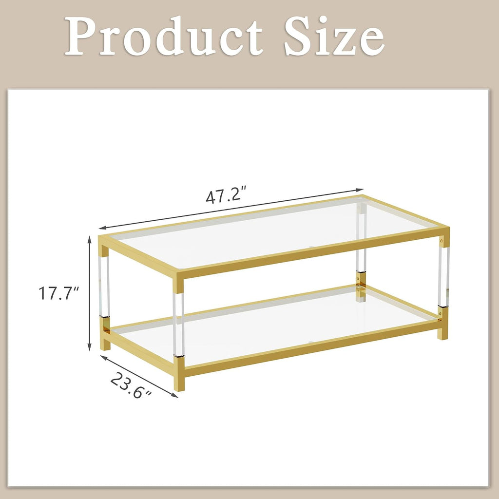 Glass Coffee Table, Modern Glass Table, Gold Rectangular Center Table, Glass Top & Acrylic Legs 2-Tier Storage for Home Living Office (Gold, 47.2'')