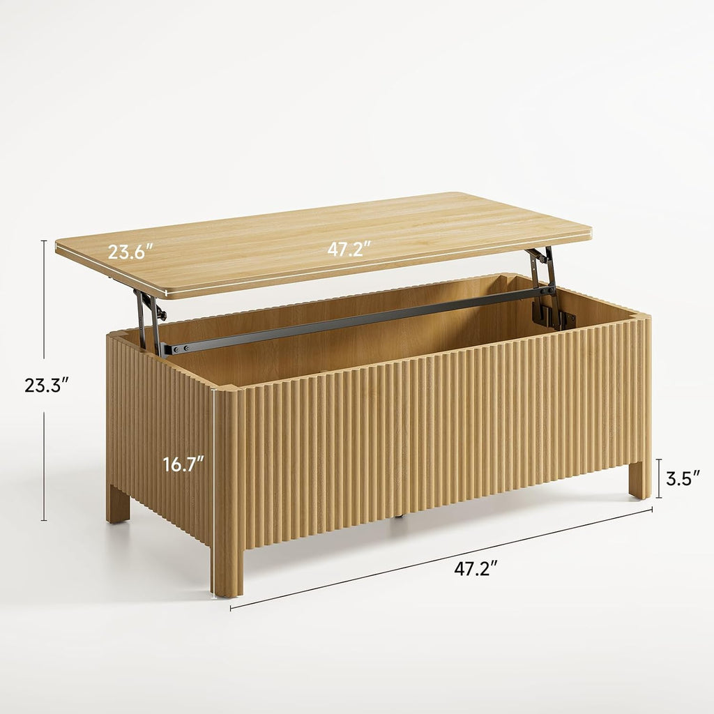 ONBRILL Fluted Lift Top Coffee Table with Storage, Mid Century Modern Coffee Table with Hidden Compartment, Rising Top Wood Center Table for Living Room, Home Office, Rounded Edges (Natural Oak)