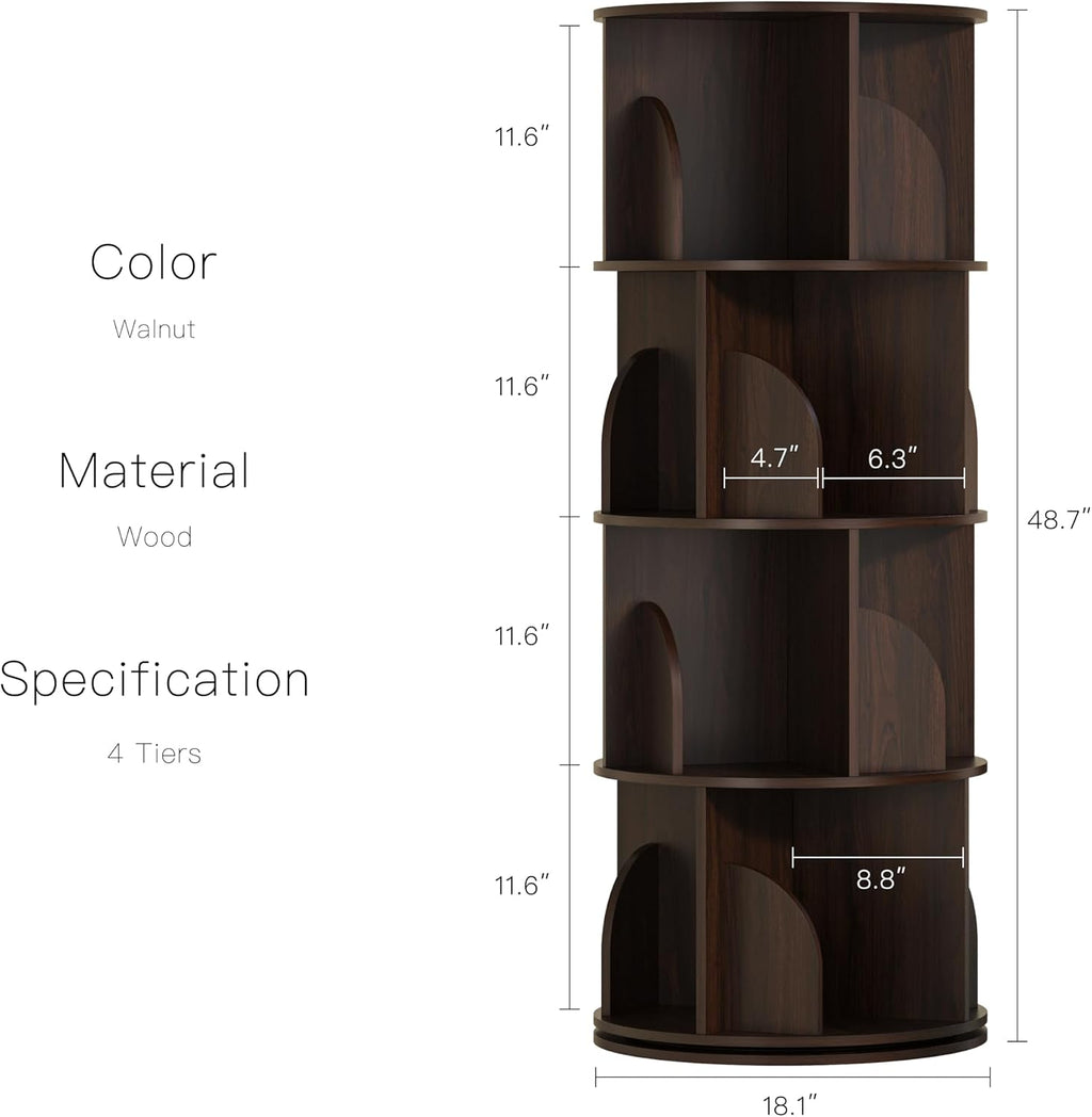 YOWOS Rotating Bookshelf, Small Corner Bookshelf for Small Space, 360 Display Floor Standing Bookcase Storage Rack, Wood Narrow Book Shelf Organizer for Bedroom, Living Room (Walnut, 4 Tiers)
