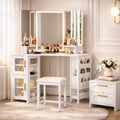 IDEALHOUSE Vanity Desk with Mirror and Lights, 3-Fold Vanity Mirror with Lights Makeup Vanity with Charging Station, Corner Vanity with Acrylic Door Cabinet, Hanging Storage Bag & Stool, White