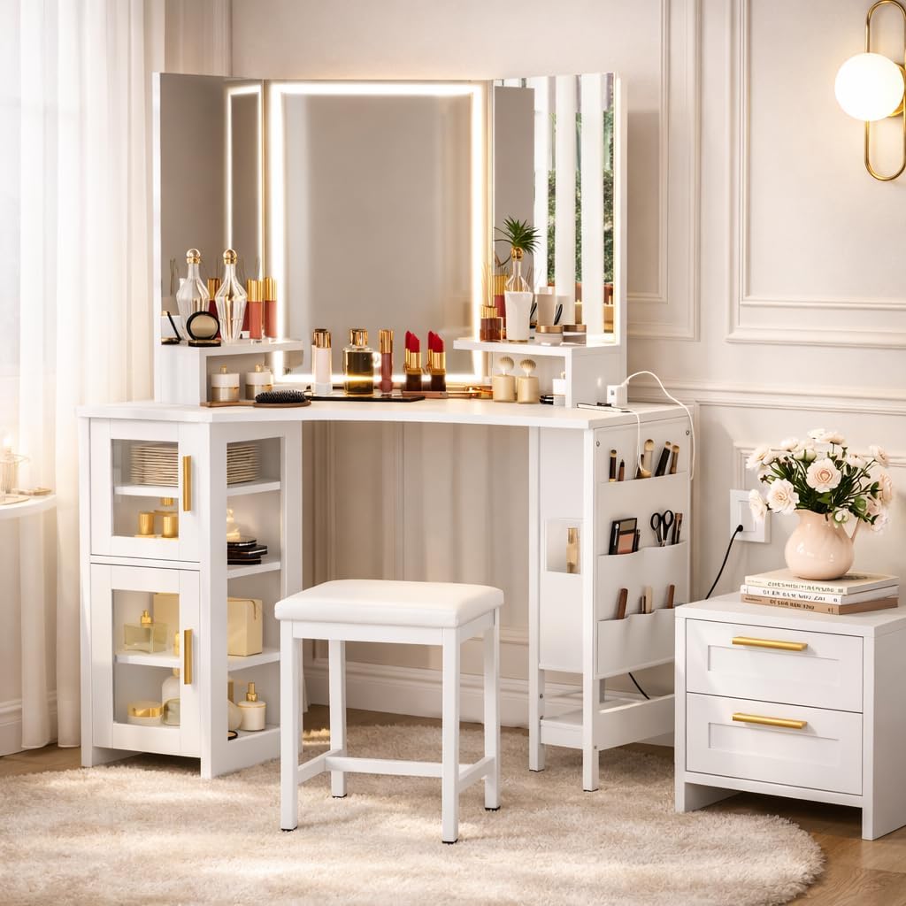 IDEALHOUSE Vanity Desk with Mirror and Lights, 3-Fold Vanity Mirror with Lights Makeup Vanity with Charging Station, Corner Vanity with Acrylic Door Cabinet, Hanging Storage Bag & Stool, White