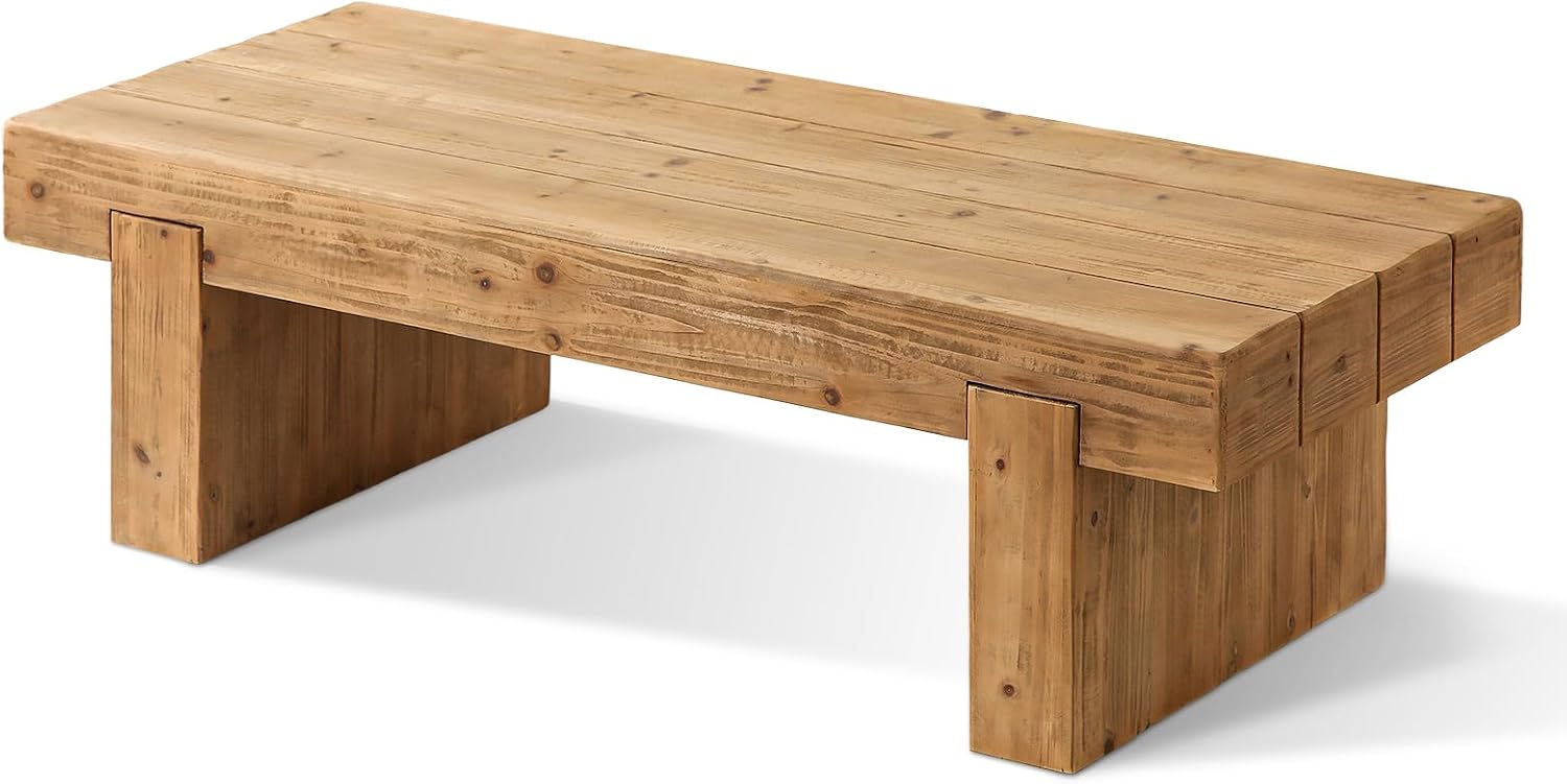 SSLine Solid Wood Coffee Table 47.6-Inch Rectangular Coffee Table for Living Room,Farmhouse Cocktail Center Tables with Thicken Top and Sturdy Legs,Natural Brown